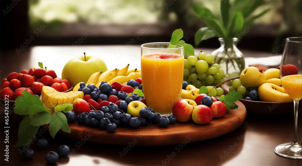 Set of fruit and glass of fresh mango juice Set of fruit and glass of fresh mango juice