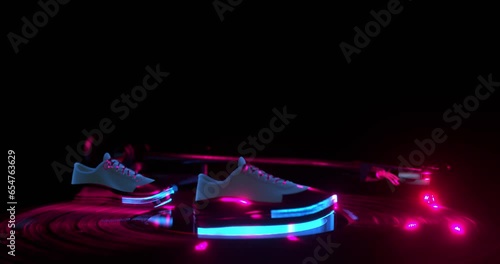 dancing abstract shoes, with neon light, on a vinyl record player, beautiful background for music, 3d render