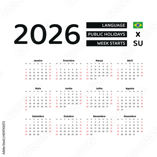 Brazil Calendar 2026. Week starts from Sunday. Vector graphic design. Portuguese language.