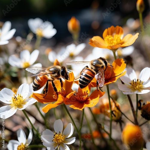 Bee on a flower, collecting pollen by striped insects. Honey production by animals. Flying with a sting. Pollination of flowers in a natural way. © Marynkka_muis