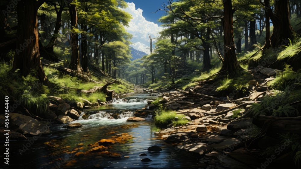 Naturally Serene: Captivating Scenes of Flowing Rivers, Majestic Waterfalls & Serene Forest Landscapes amidst Lush Greenery & Vibrant Seasons, generative AI