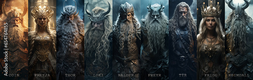 Norse nordic mythology Gods. Odin, Freyja, Thor, Loki, Balder, Freyr, Týr, Frigg, Heimdall. photo