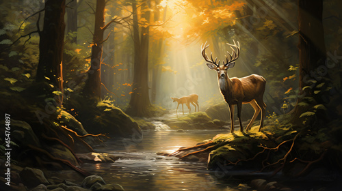 A painting of a deer in a forest