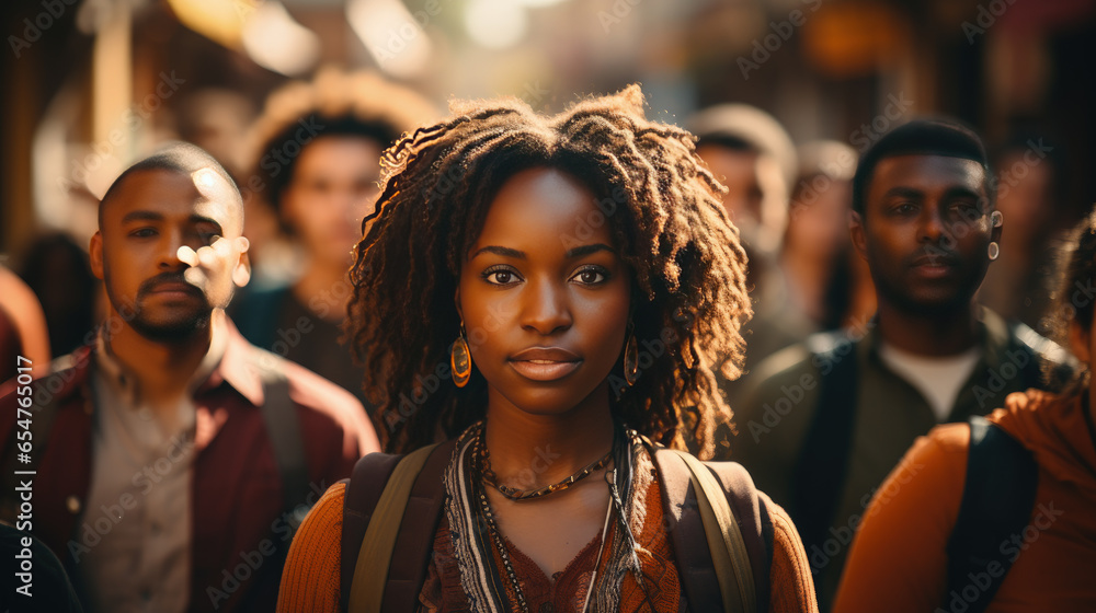 Young black woman in the crowd of the street