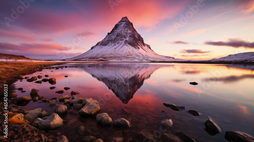 sunset over the lake and mountains . iceland landscape.