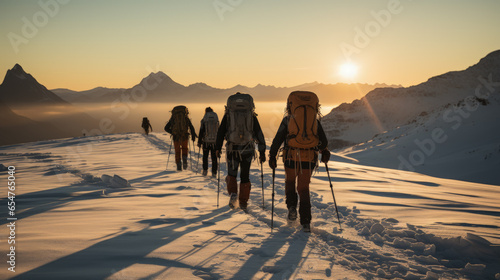 A line of mountain skiers at sunset