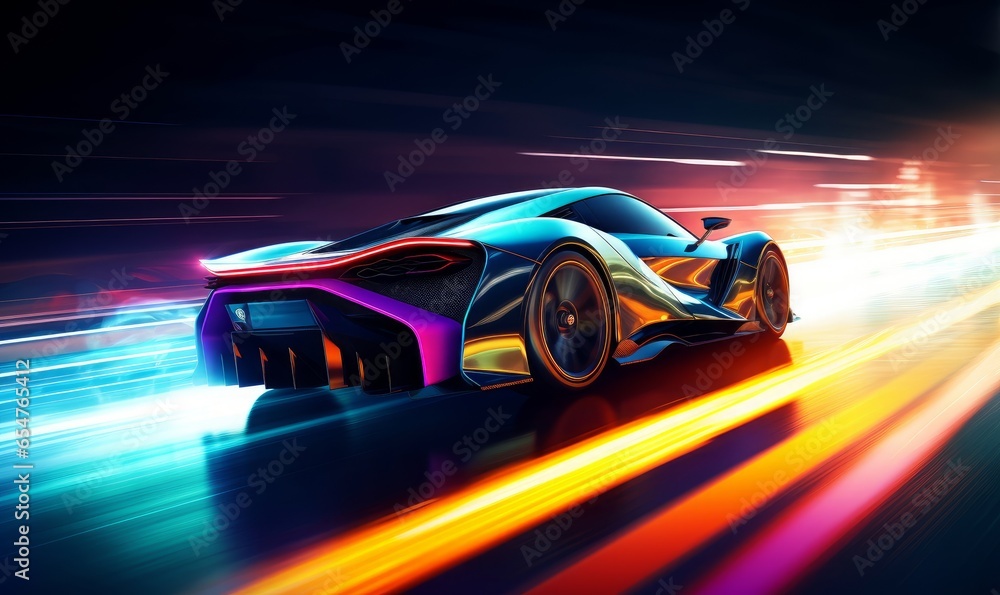 Futuristic Sports Car On Neon Highway. Powerful acceleration of a supercar with colorful lights trails, Generative AI 