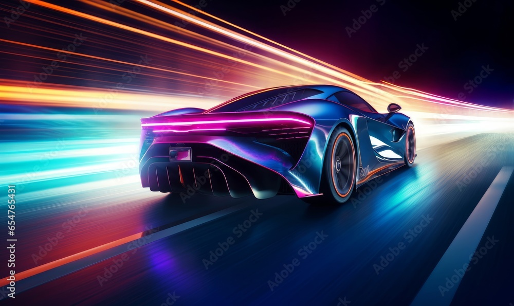 Futuristic Sports Car On Neon Highway. Powerful acceleration of a supercar with colorful lights trails, Generative AI 