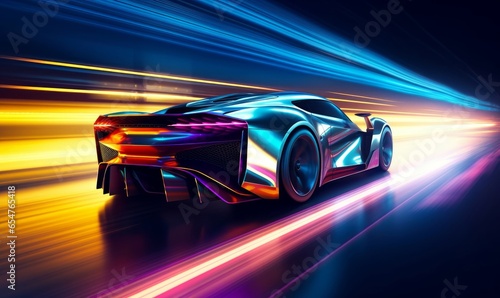 Futuristic Sports Car On Neon Highway. Powerful acceleration of a supercar with colorful lights trails, Generative AI  photo