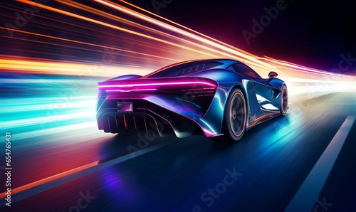 Futuristic Sports Car On Neon Highway. Powerful acceleration of a supercar with colorful lights trails  Generative AI 