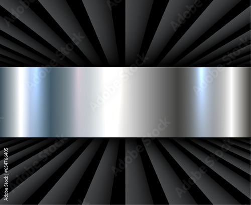 Abstract black background with 3D radial lines pattern and silver metal banner.