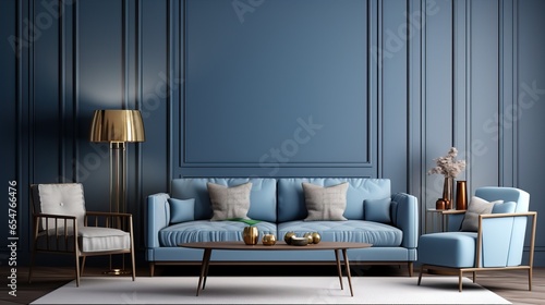 Modern Interior Design of a Light Blue Living Room with a Big Sofa and some Pillows, Armchair and other Decorations.