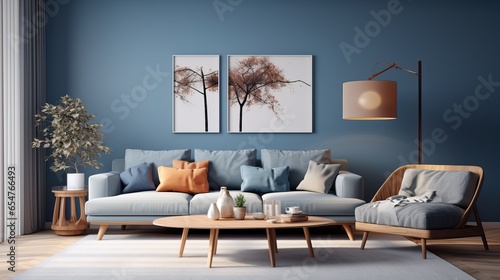 Modern Interior Design of a Light Blue Living Room with a Big Sofa and some Pillows, Armchair and other Decorations.