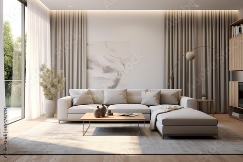Luxurious Living Room Design. White Room and Natural Light. Huge Sofa, Wooden & Stone Walls and Curtains. Modern.