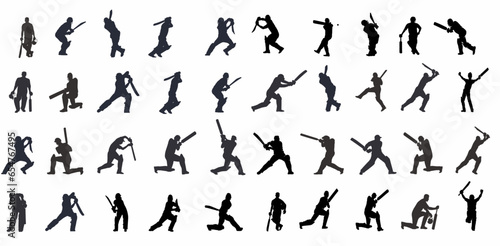 Silhouettes of Cricket players. Batsman hitting different shot in various tournament and leagues. Bats, gloves, stump, cricket ball, pads, abdomen guard. World cup, T20 league, Test match. 