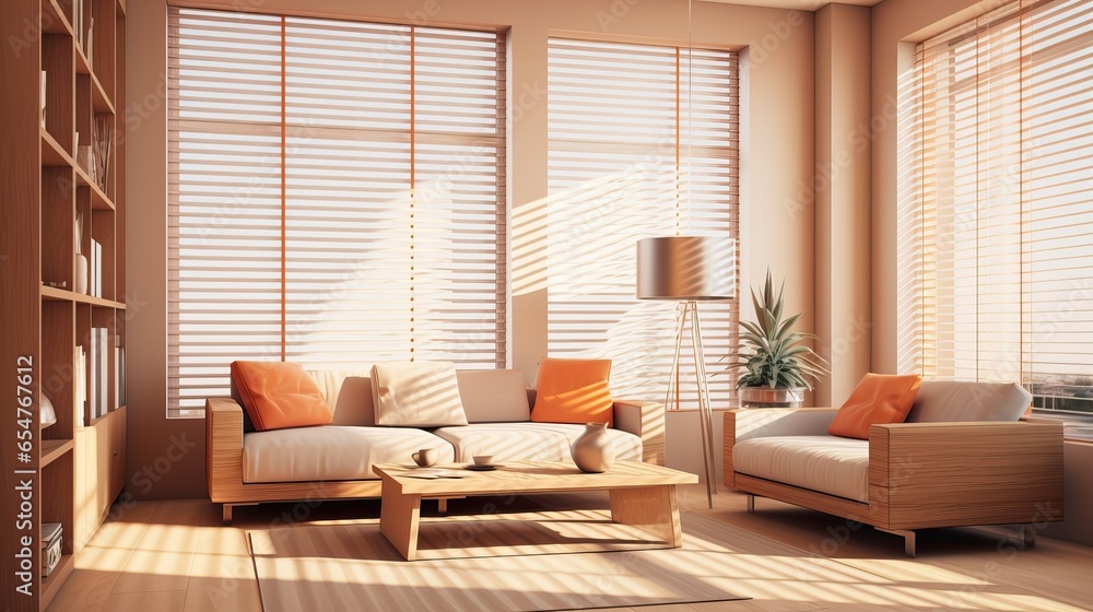 Fototapeta premium Luxurious Orange Interior Design Idea of a Modern Living Room. Orange & White. Huge Sofa and Natural Light.