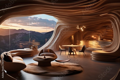Luxurious & Futuristic Interior Design with Wall made of Rocks Asimmetrical Shapes. photo