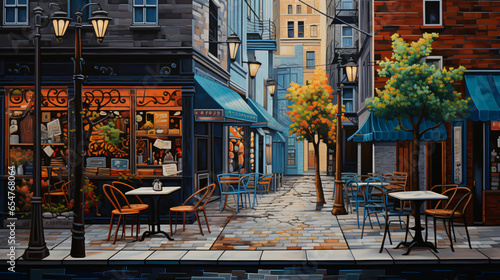 A painting of a city street with tables chairs © franklin