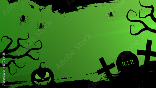 Halloween theme scary banner with traditional Halloween holiday spooky symbols for invitations and greetings designs. Black and green colors. Vector illustration.