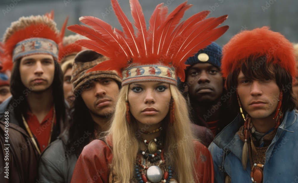 A vibrant group of festival-goers donning native-inspired headgear and hippy clothing, evoking a cinematic portrait of free-spirited individuals basking in the wildness of the outdoors