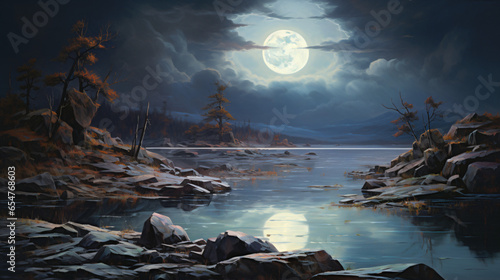 A painting of a full moon over a lake © franklin