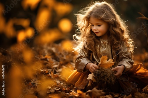 Little Girl Playing with Leafs on the Ground during Autumnal Season.