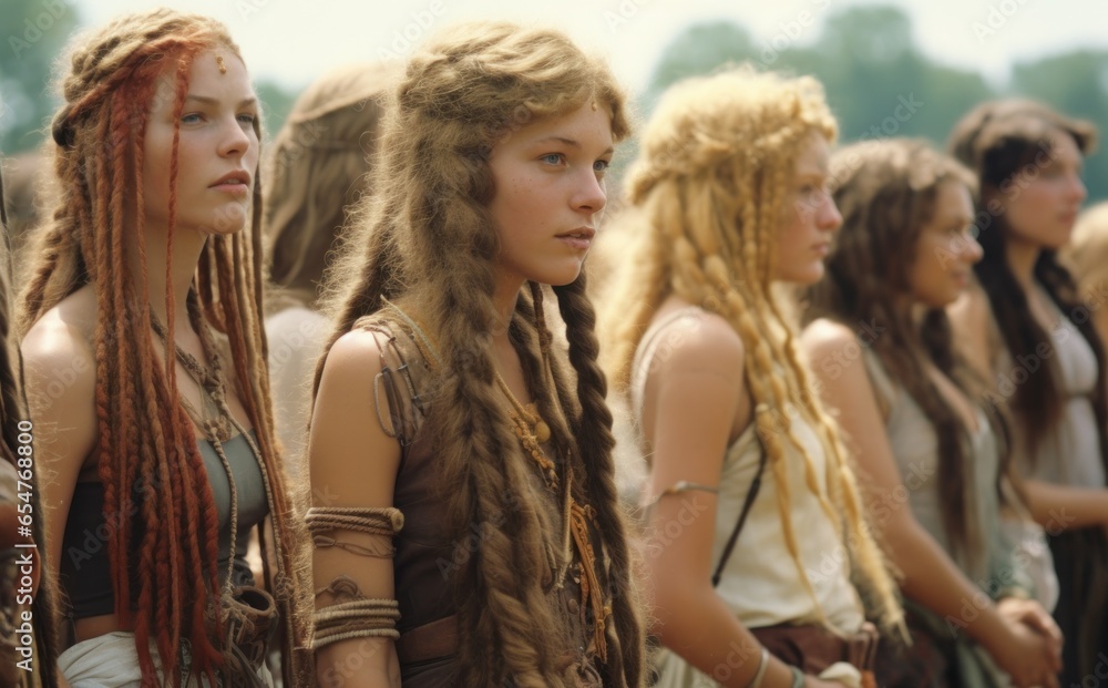 A wild and free-spirited group of women with braids, embodying a cinematic and native essence, stand outdoors in a crowd with their flowing hair and colorful hippy clothing, exuding strength and indi - obrazy, fototapety, plakaty 