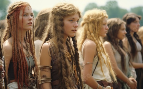 A wild and free-spirited group of women with braids, embodying a cinematic and native essence, stand outdoors in a crowd with their flowing hair and colorful hippy clothing, exuding strength and indi © mockupzord