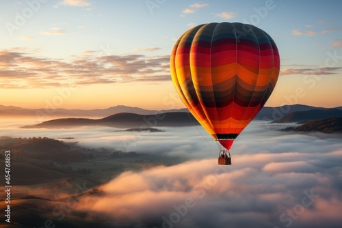 A mesmerizing shot of a hot air balloon taking flight at dawn, with the vibrant colors of the balloon contrasting against the soft, pastel hues of the morning sky © Hunman