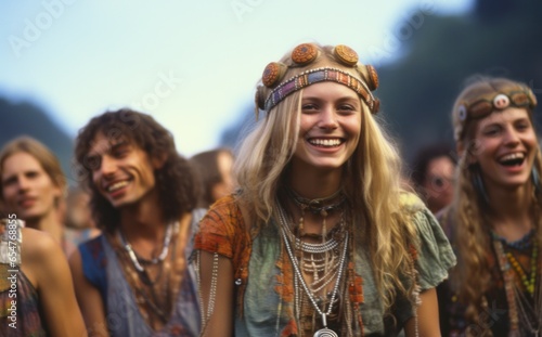 A vibrant and carefree woman  surrounded by a group of free-spirited individuals at a native festival  stands confidently with a beaming smile against a cinematic sky backdrop  showcasing their eclec