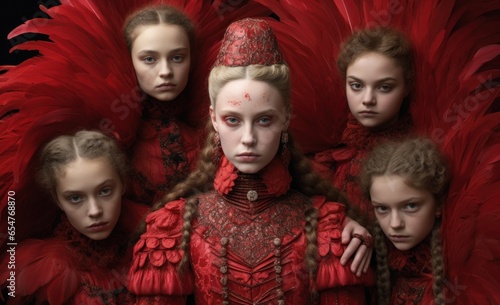 A vibrant and free-spirited group of women, adorned in flowing red dresses, exude a sense of bohemian culture and indigenous influence, captured in a cinematic portrait that encapsulates their bold p