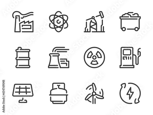 Energy Production and Power Station vector line icons. Production Factory and Industry outline icon set. Solar Panel, Nuclear Power, Coal Mining, Wind Tower, Oil Derrick and more.