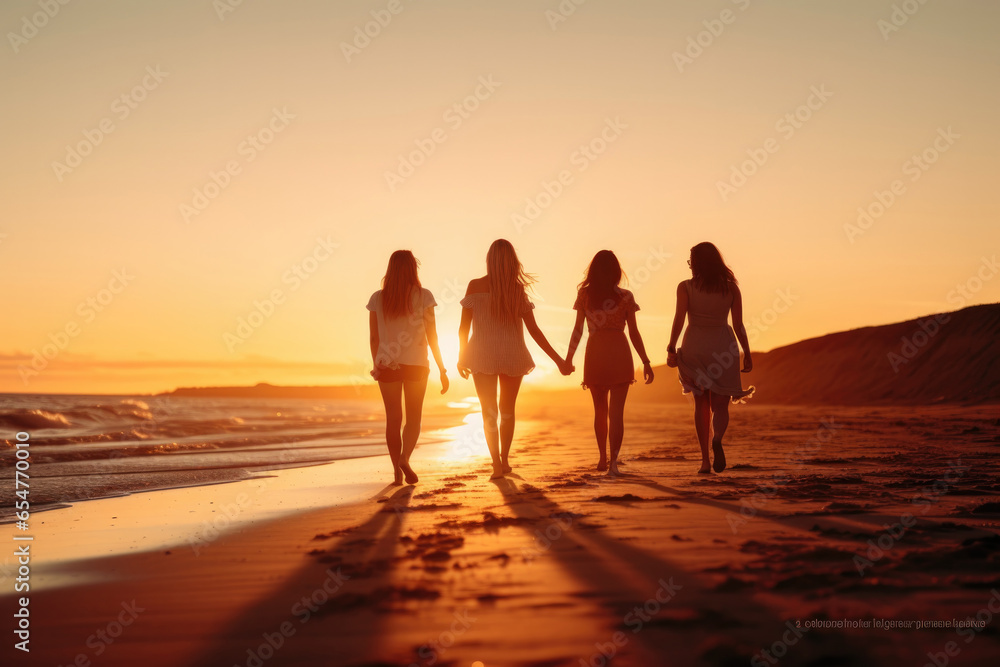 Happy friends having fun enjoying walk along beach, sunset
