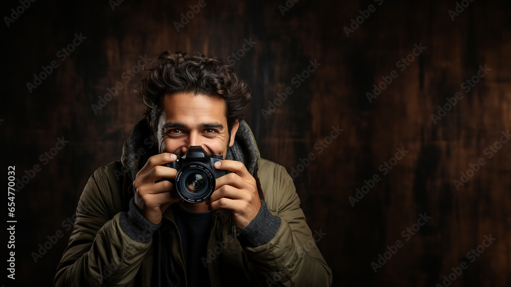 Hübscher Mann als Paparazzi Fotograf und Reporter schön gekleidet in Aktion Querformat, ai generativ Hübscher Mann als Paparazzi Fotograf und Reporter schön gekleidet in Aktion Querformat, ai generativ