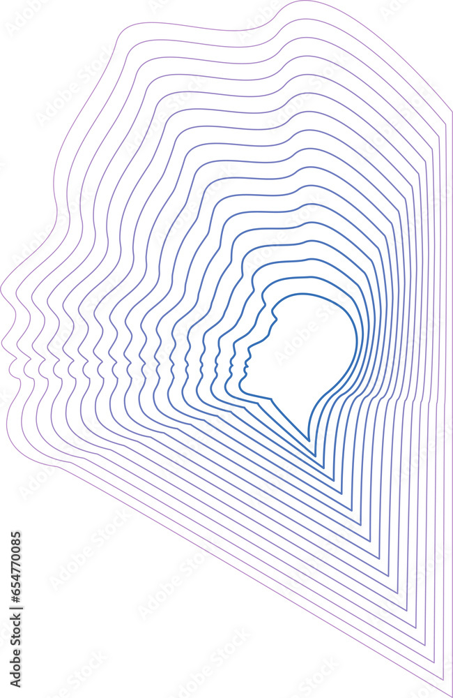 Human heads consisting of stripe wireframe lines Psychedelic poster. Optical illusion Mental illness Abstract shape structure Retro futuristic design element. Human heads consisting of stripe wireframe lines Psychedelic poster. Optical illusion Mental illness Abstract shape structure Retro futuristic design element.