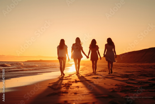 Happy friends having fun enjoying walk along beach, sunset