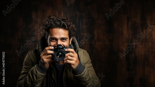 Hübscher Mann als Paparazzi Fotograf und Reporter schön gekleidet in Aktion Querformat, ai generativ