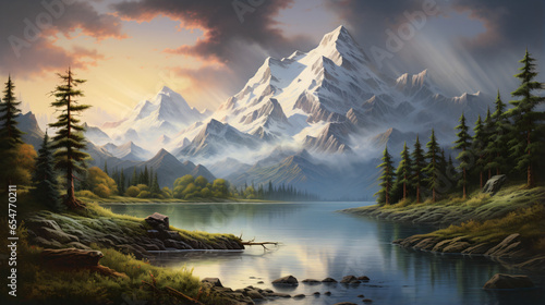 A painting of a mountain scene