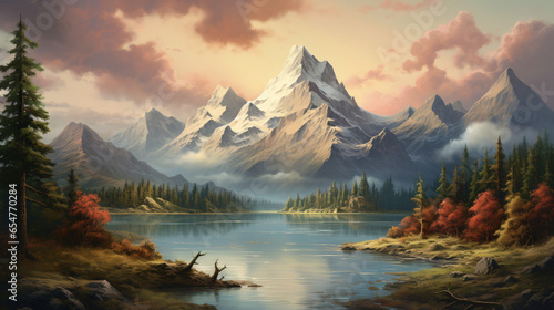 A painting of a mountain scene