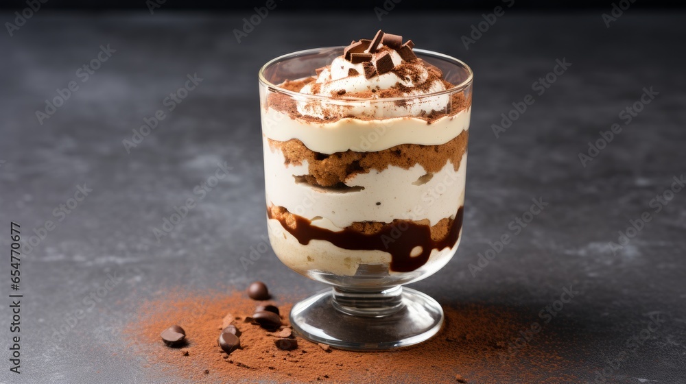 A traditional tiramisu dessert, elegantly presented in a glass, rests atop a stone serving board against a dark concrete background A traditional tiramisu dessert, elegantly presented in a glass, rests atop a stone serving board against a dark concrete background