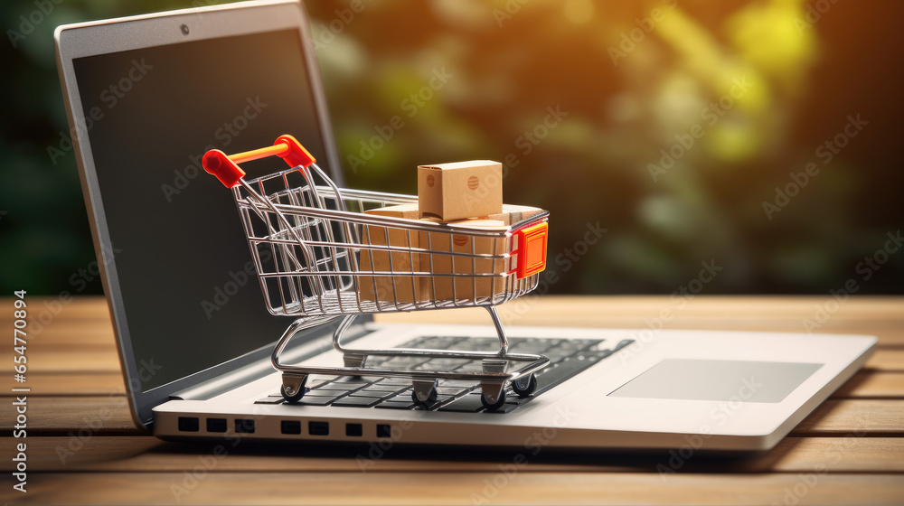 E-Commerce Concept. Online Business with Shopping Cart and Laptop Model