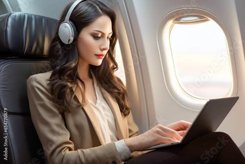 woman working inside airplane using digital tablet or laptop © Salsabila Ariadina