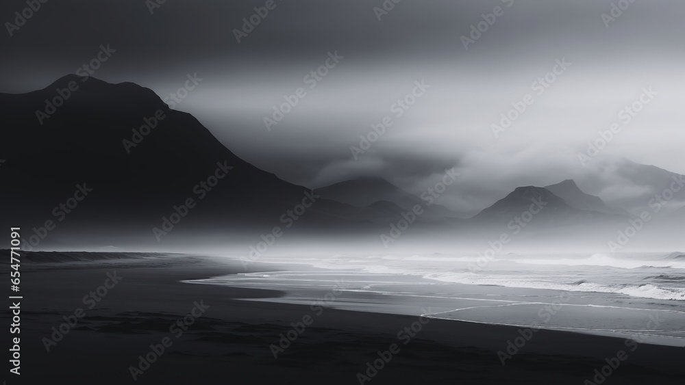 Tranquil misty coastal landscape with panoramic ocean, hill, and mountain views. Black and white nature background.