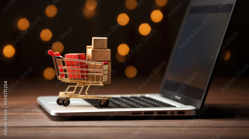 E-Commerce Concept. Online Business with Shopping Cart and Laptop Model