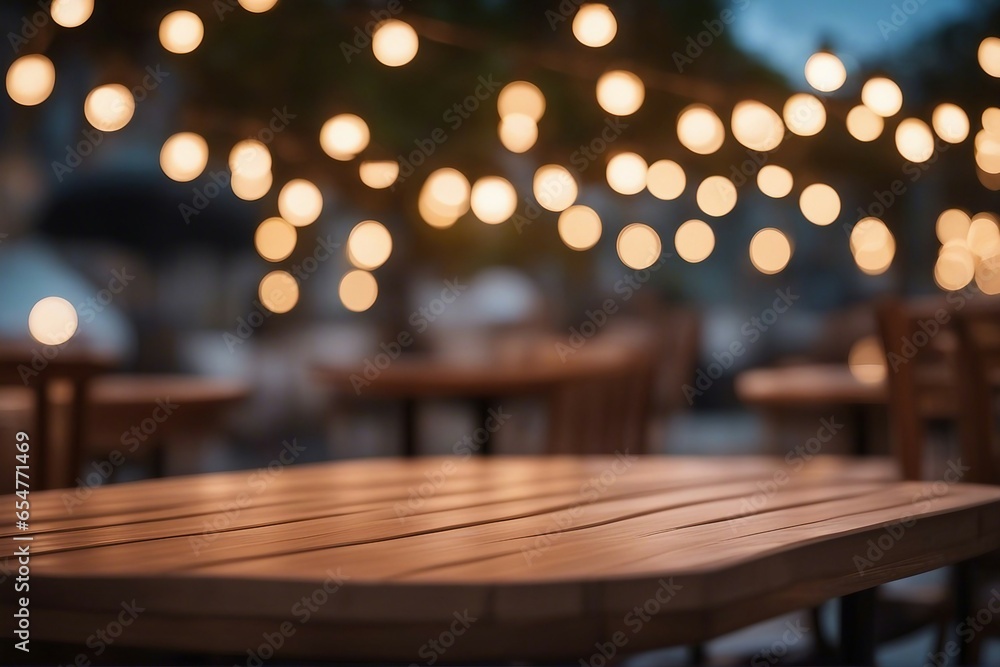 High-Quality Photo of an Empty Wooden Table Surrounded by Bokeh Lights and Blurred Outdoor Caffe Ambiance