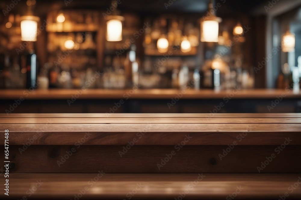 Empty wooden table rustic and blurred background of bar or pub. For product display. High quality photo