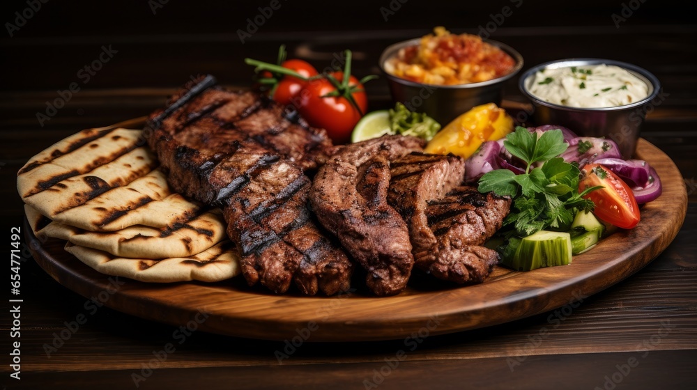Grilled chicken on charcoal on bread and turkish and Arabic Traditional Mix Vali Kebab Plate inside Adana, Urfa, Chicken, Lamb, Liver and Beef, hummus, baba ganoush on bread on wooden background