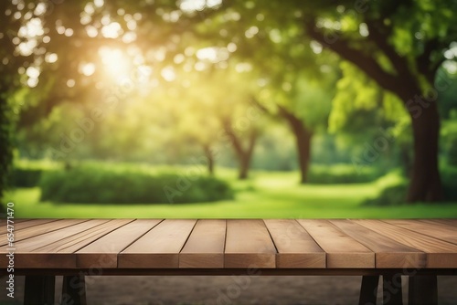 Empty Wooden Table in a Serene Green Park in Nature - Perfect for Product Display Montage