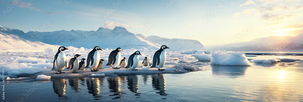 group colony family of penguins on ice floe in ocean water in winter - obrazy, fototapety, plakaty 