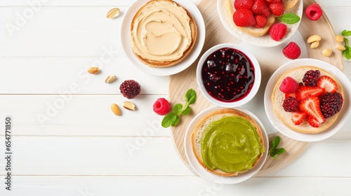 Plate of sandwiches with peanut butter, jam and fresh fruits on white wooden background from top view photo